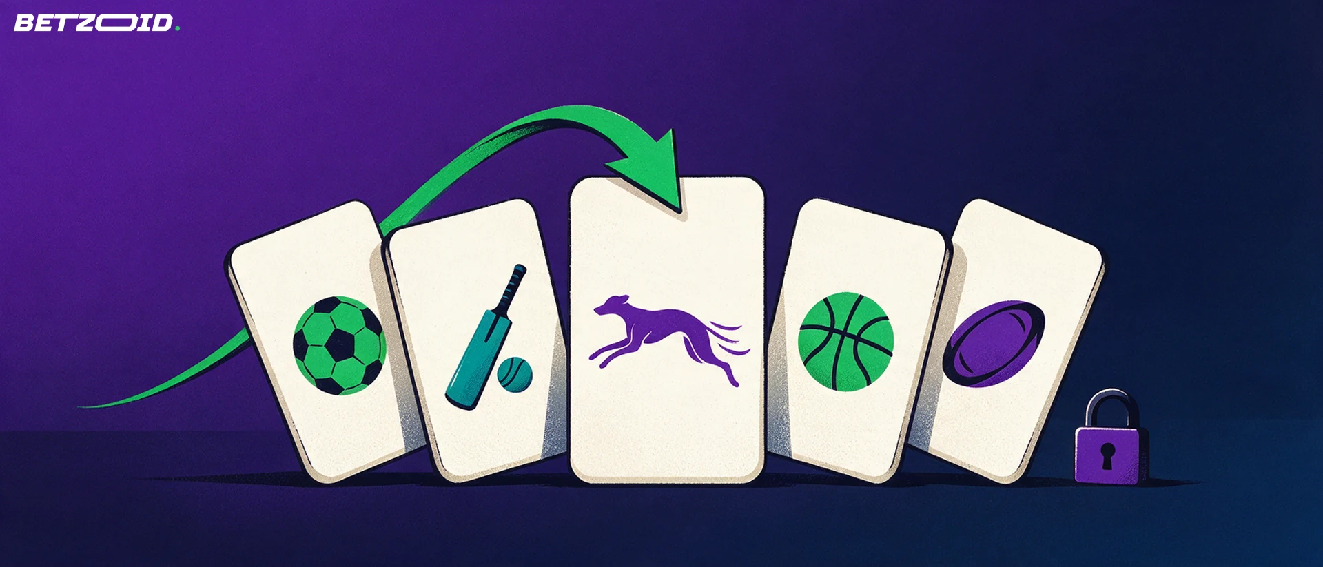 Illustration of fanned betting market cards showing different sport symbols with a green arrow pointing to one card.