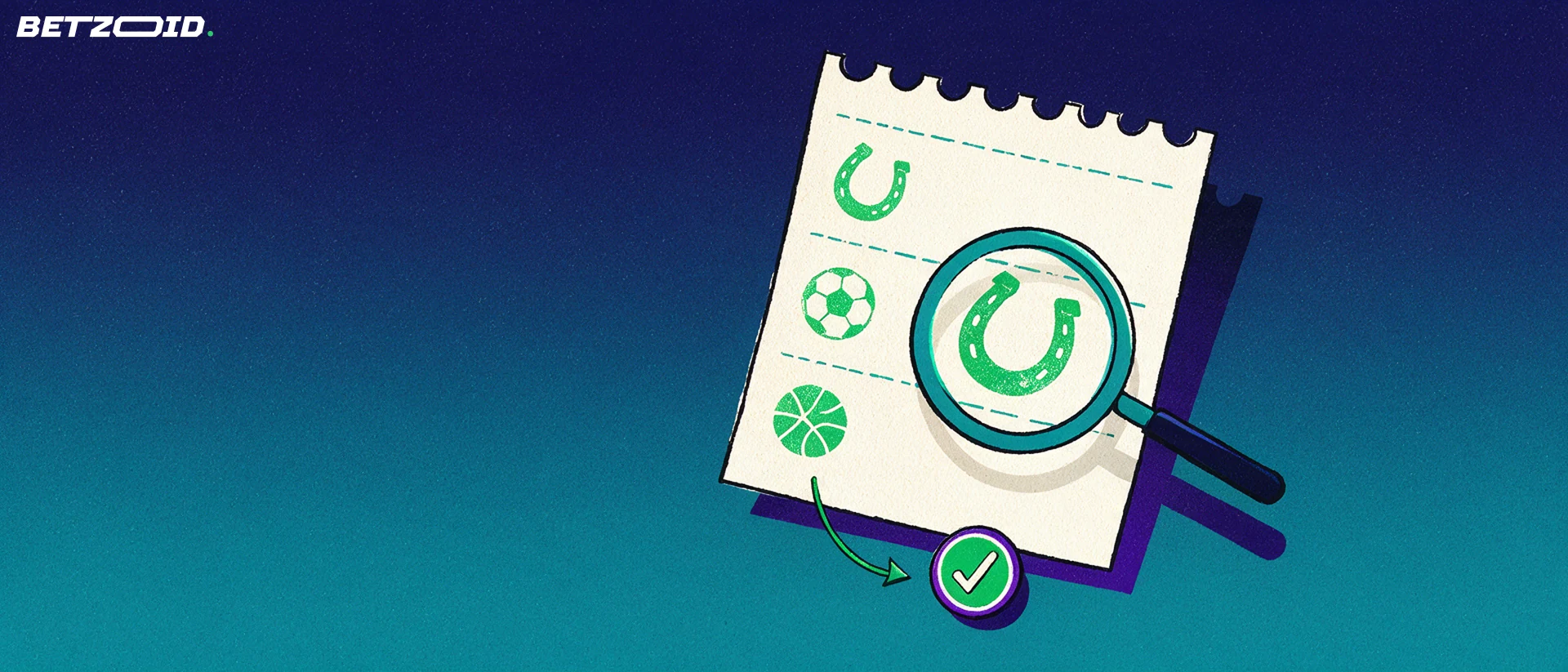 Illustration of a large paper betting docket with horseshoe, football and basketball symbols being examined through a magnifying glass