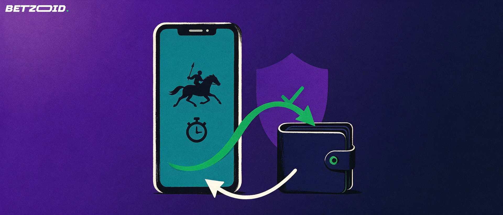 Illustration of a smartphone showing a racing and stopwatch symbol with arrows looping into and out of a wallet beside a shield with a tick