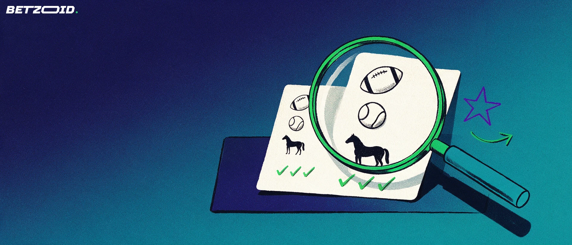 Illustration of a large magnifying glass enlarging a paper betting slip marked with football, tennis and horse symbols and green tick marks.