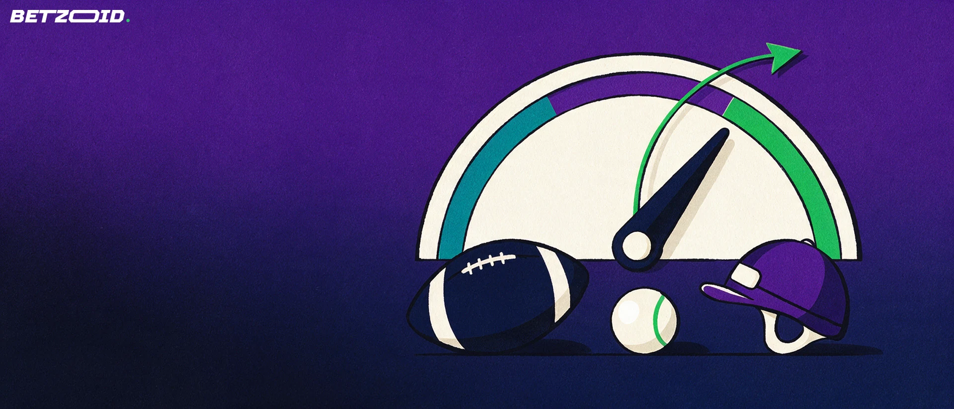Illustration of a large semicircular rating dial with its needle pointing to a green segment, resting above a football, a tennis ball and a jockey helmet.