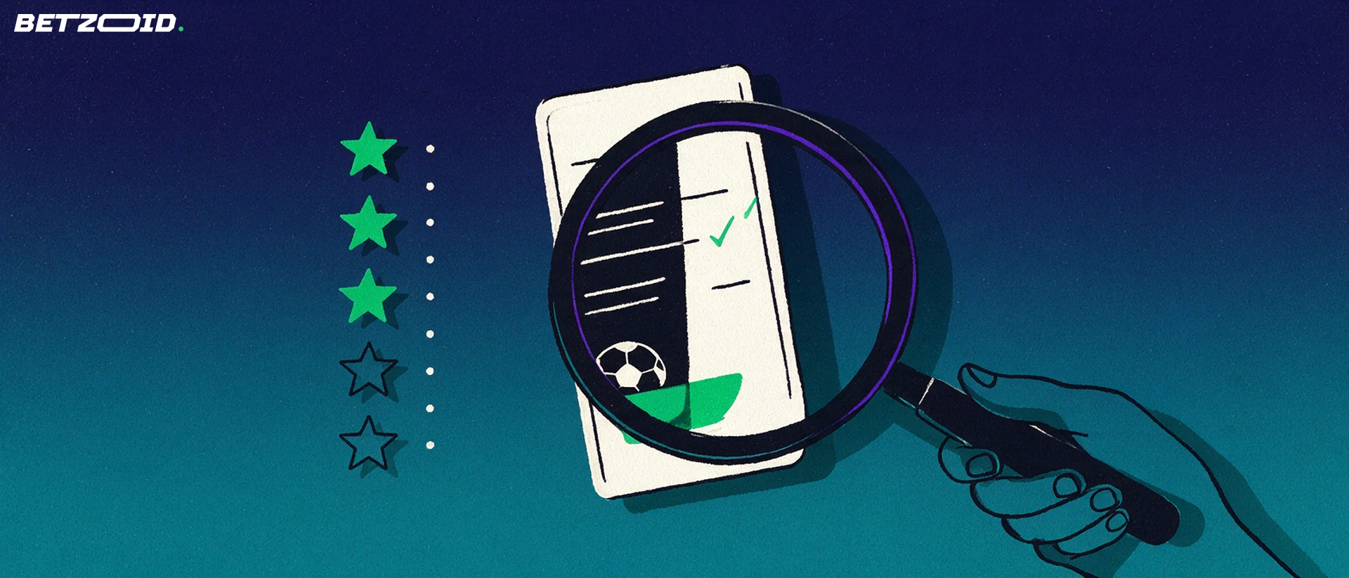 Illustration of a magnifying glass inspecting a betting ticket beside a row of star shapes, three of them filled.