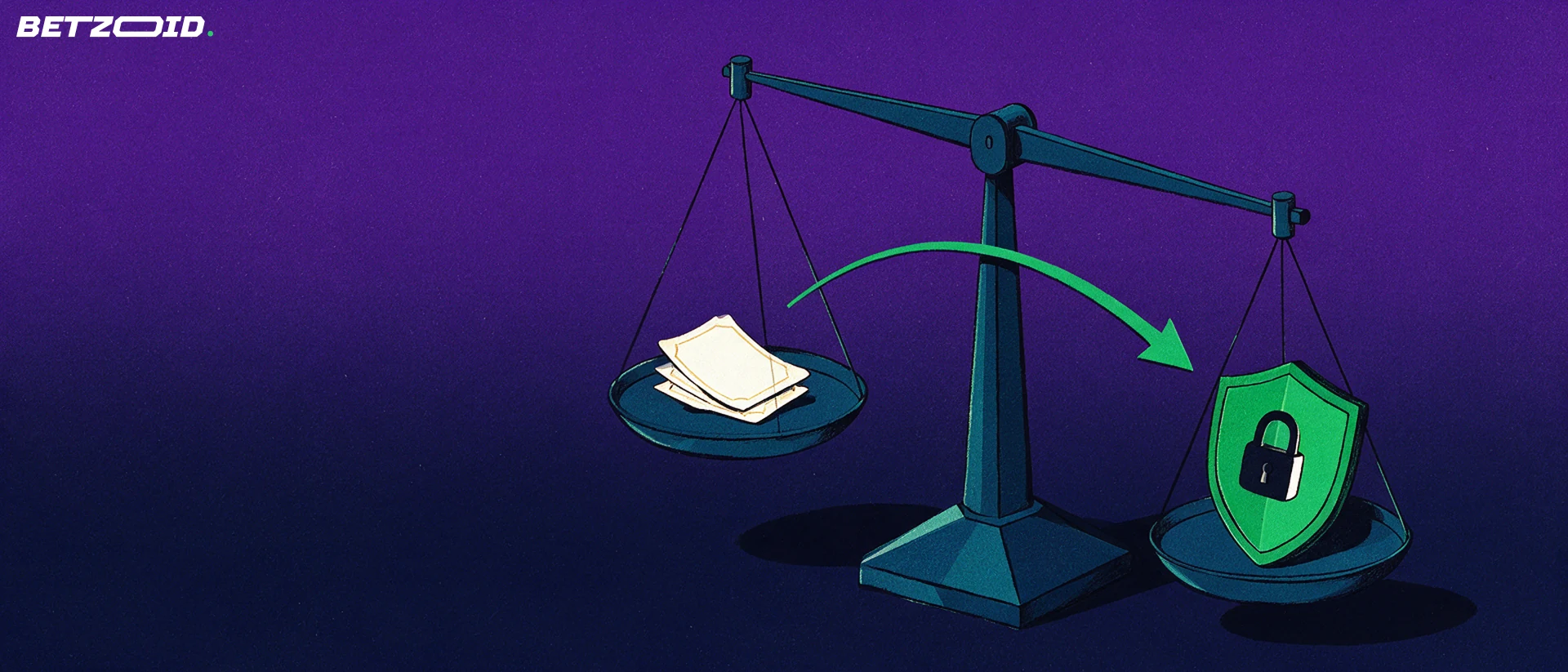 Illustration of a balance scale weighing a stack of betting tickets against a shield with a padlock, linked by a curved arrow.