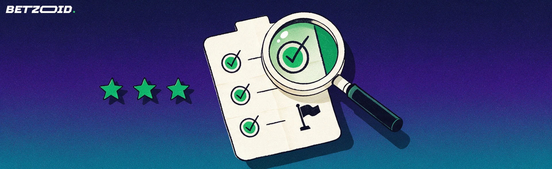 Illustration of a magnifying glass inspecting a sports betting slip with tick marks, sport symbols and three small stars