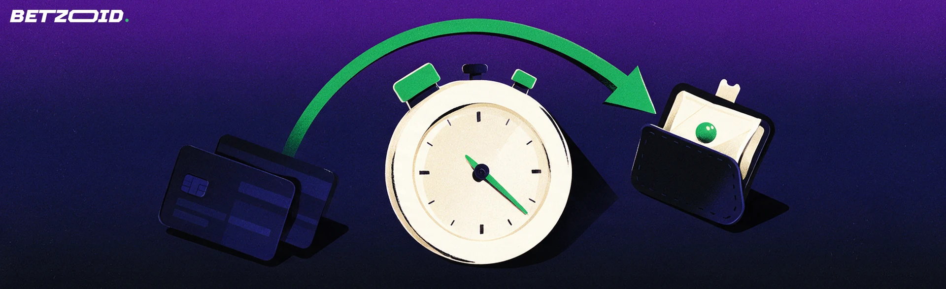 Illustration of a stopwatch, plain bank card and curved arrow leading into a wallet holding a betting slip