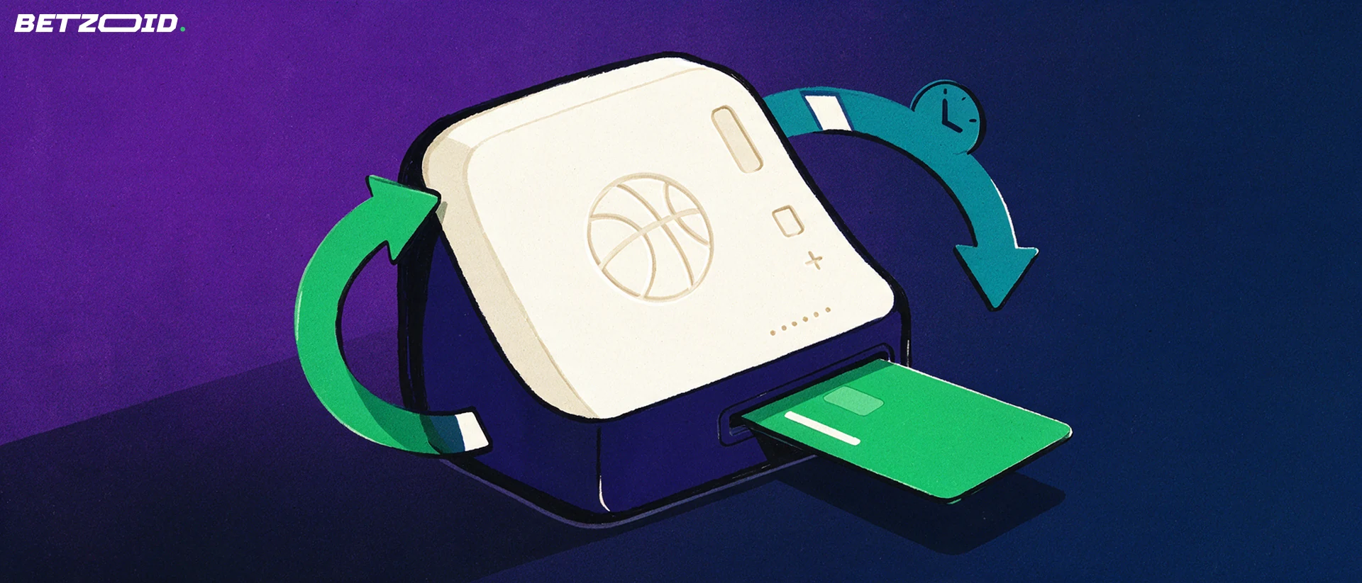 Illustration of a betting payment terminal with a plain bank card and two curved arrows showing deposits and withdrawals.