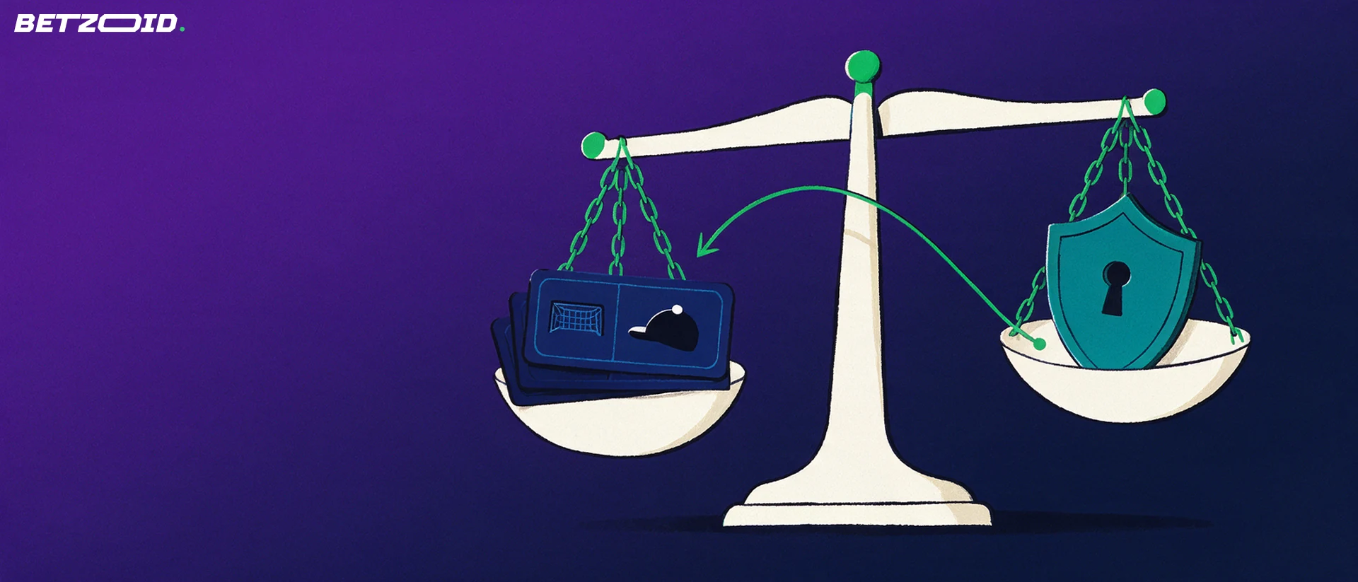 Illustration of a balance scale weighing a stack of betting tickets with sport symbols against a shield bearing a padlock keyhole.