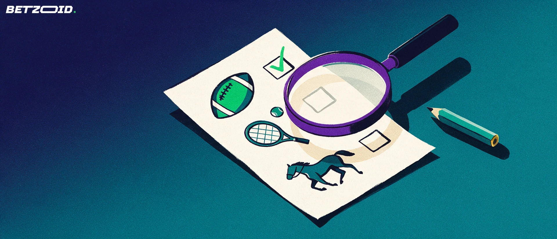 Illustration of a magnifying glass inspecting a betting slip marked with football, tennis and horse racing symbols and green ticks.