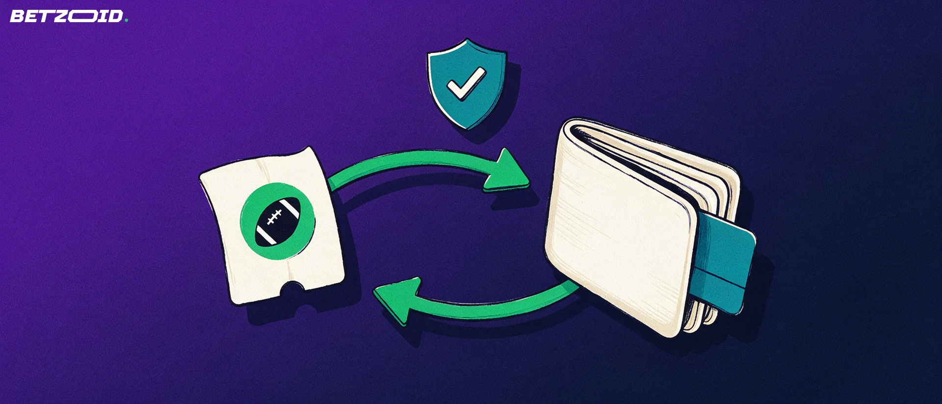 Illustration of a wallet with a payment card and a betting ticket linked by two curved arrows beneath a shield with a check mark.