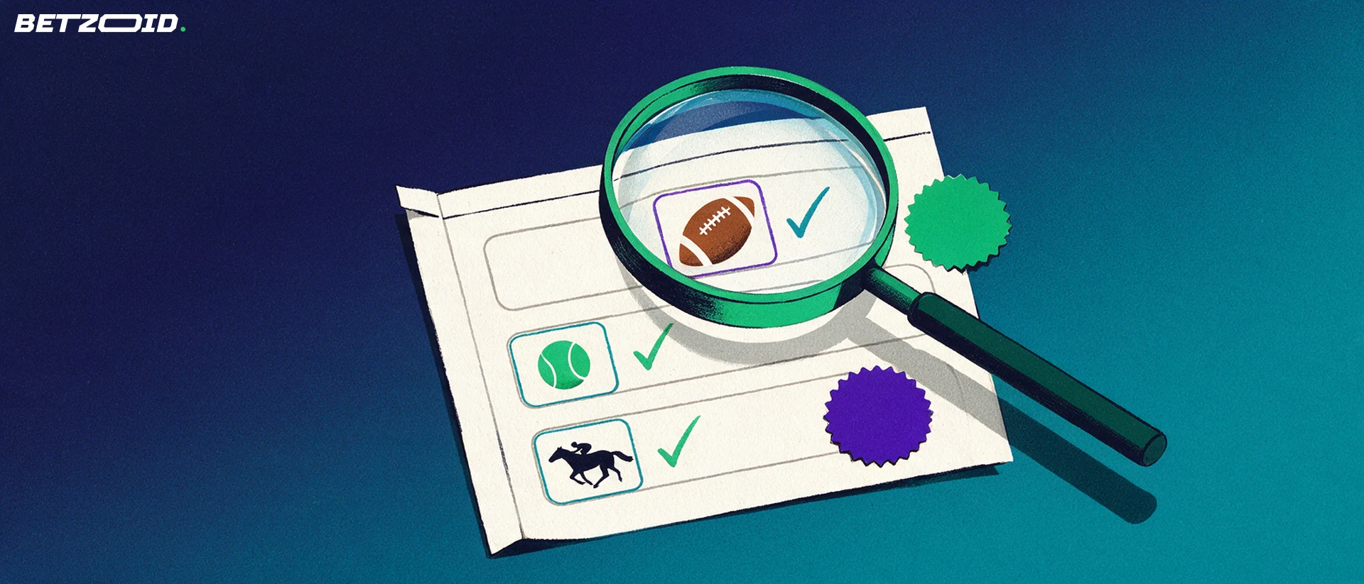 Illustration of a magnifying glass inspecting a betting slip marked with football, tennis and horse racing symbols and tick marks.