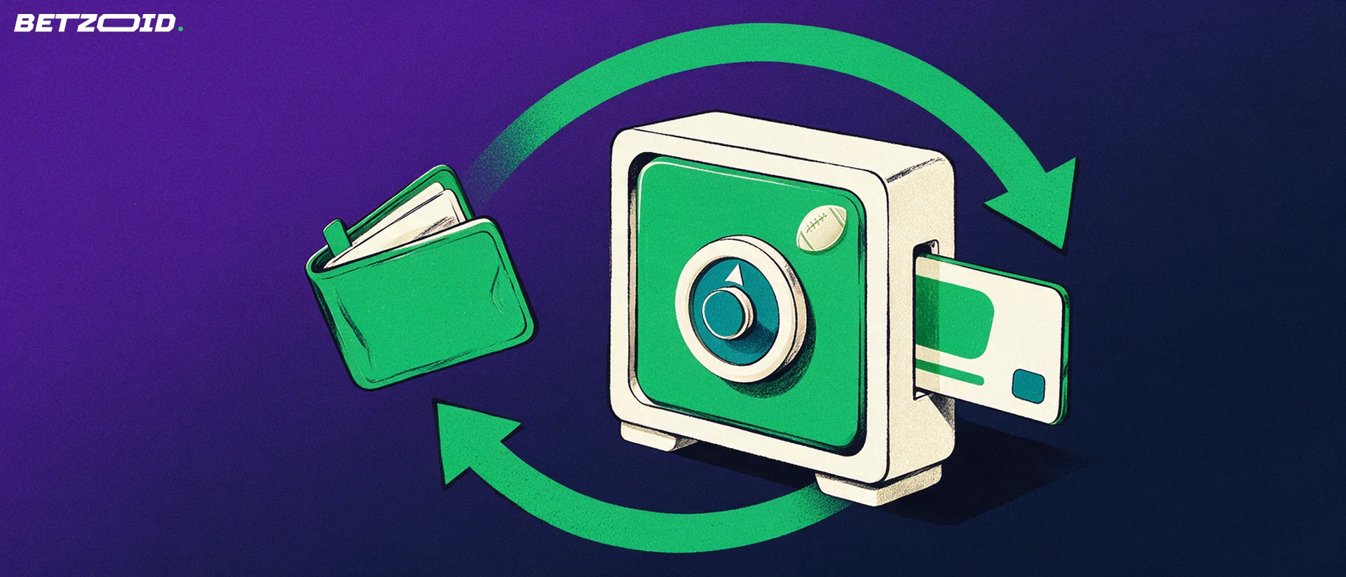 Illustration of a bank card entering a safe with a football symbol, a wallet and looping arrows showing deposits and withdrawals.