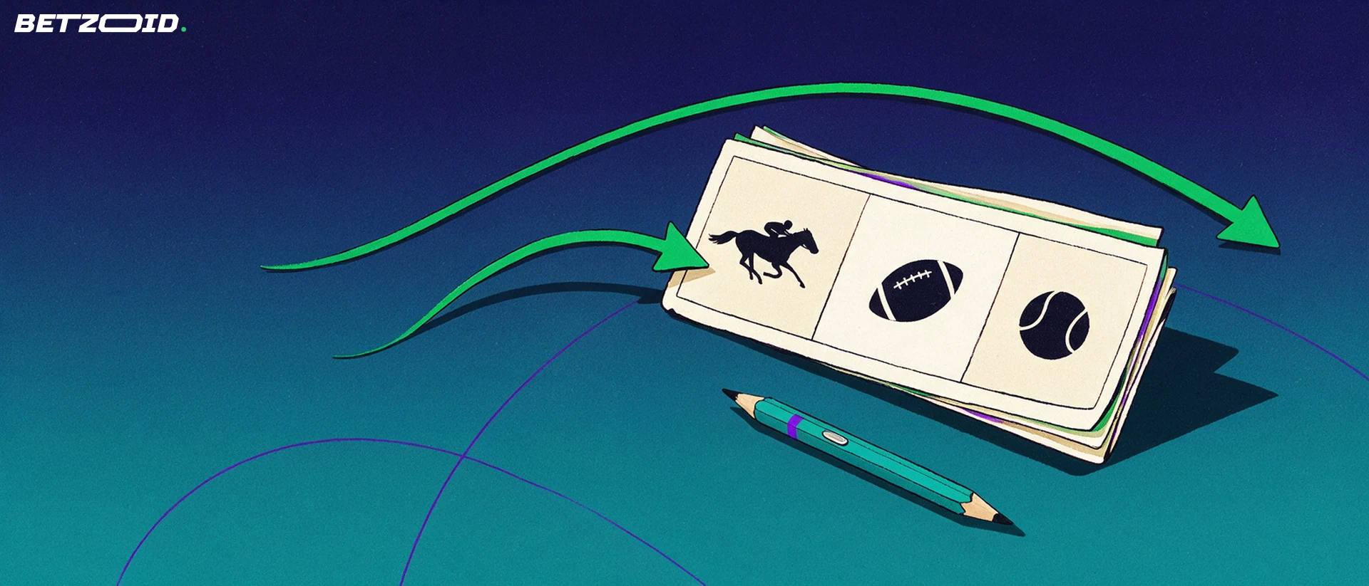 Illustration of a large folded betting docket with racehorse, football and tennis symbols, with arrows pointing to one selection.