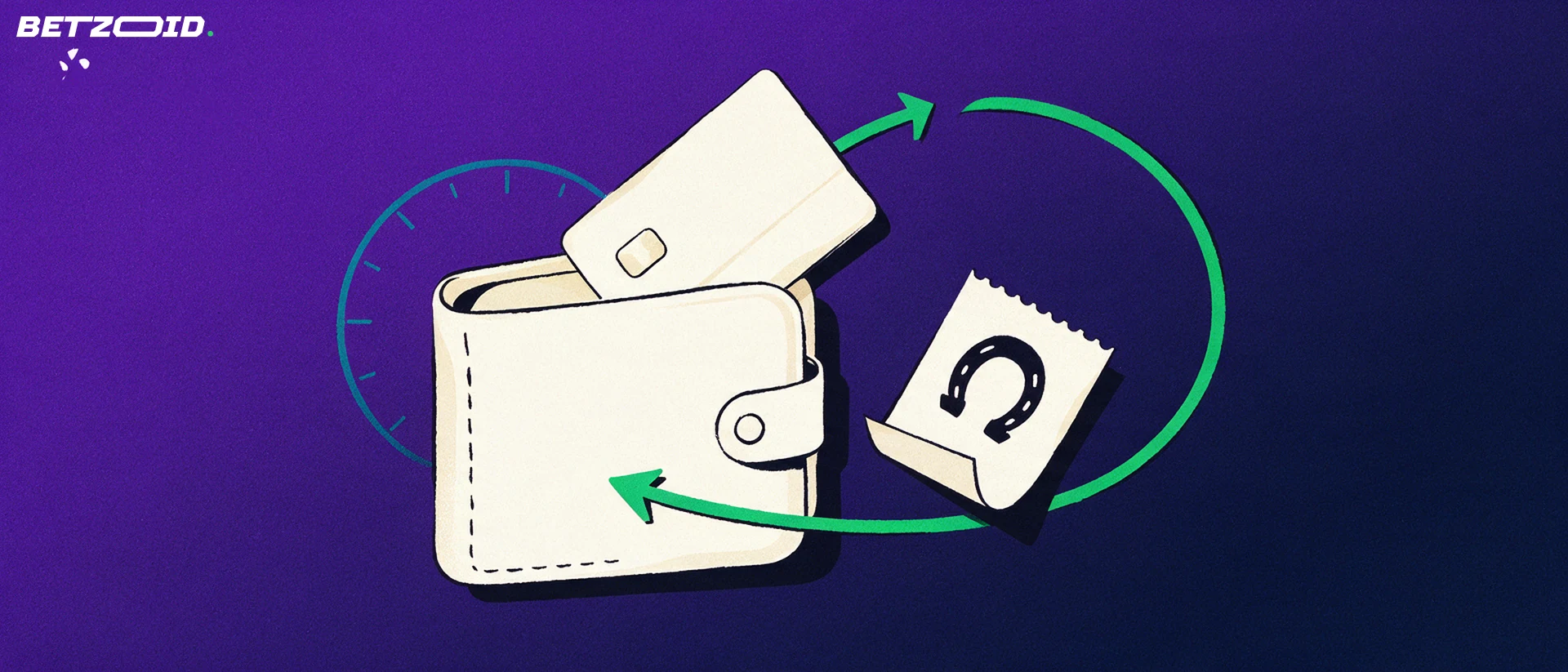 Illustration of a wallet with a plain payment card and a betting ticket connected by a green circular arrow loop.