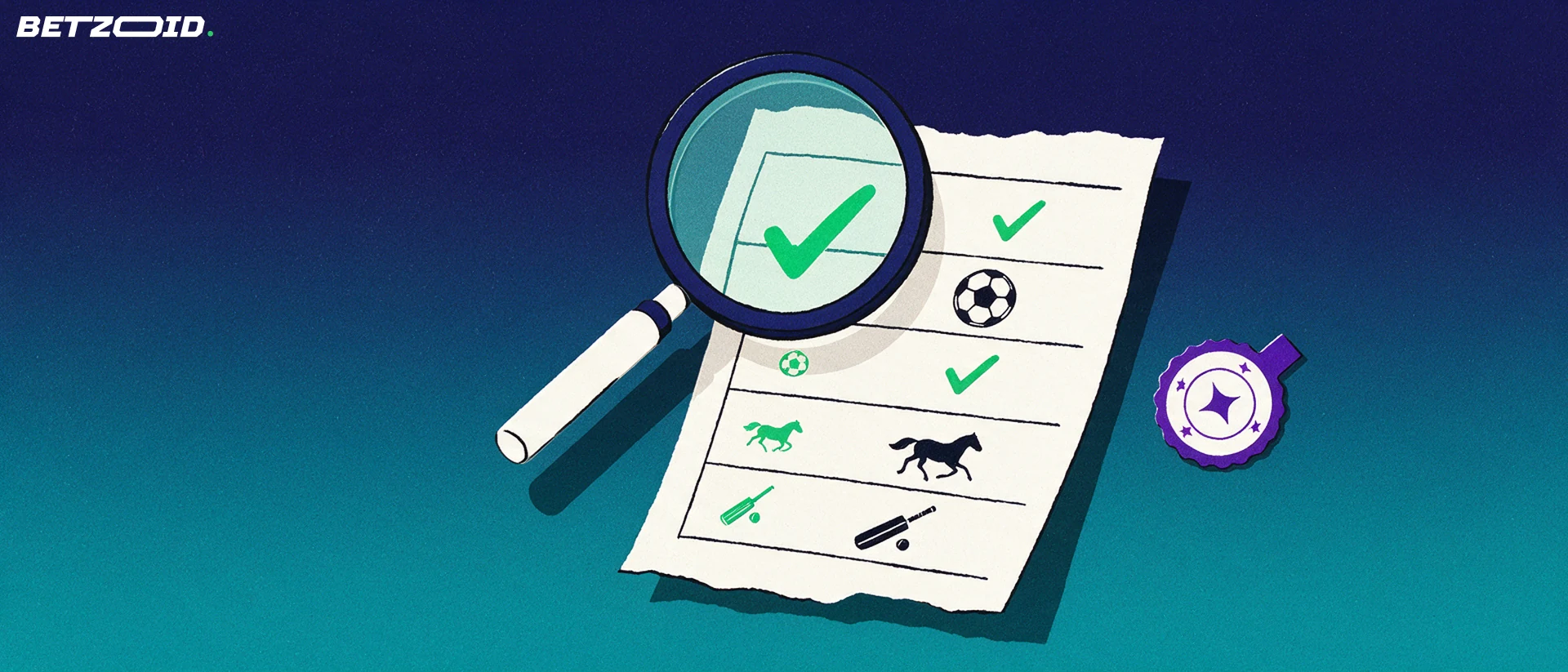 Illustration of a magnifying glass examining a paper betting slip marked with sport symbols and check marks