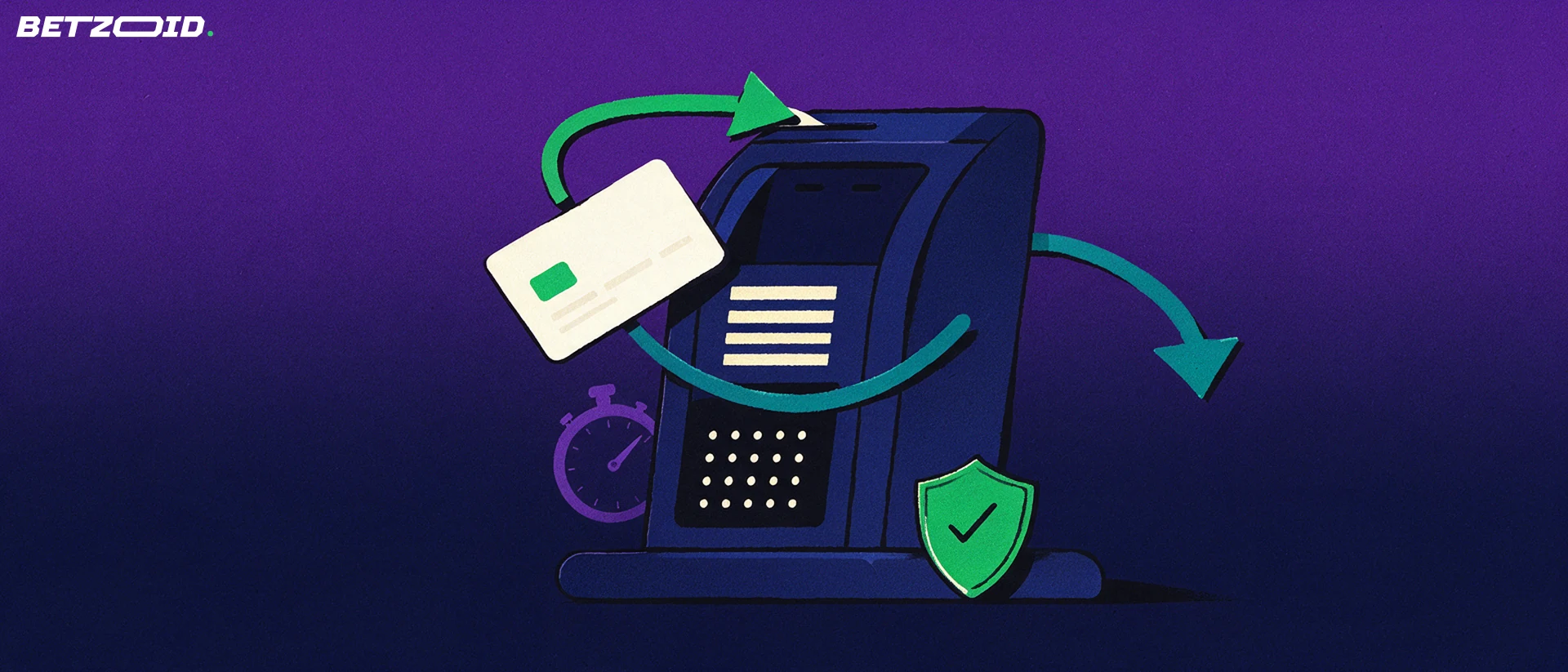 Illustration of a bank card entering a ticket-shaped deposit box with arrows for deposits and withdrawals, a stopwatch and a shield