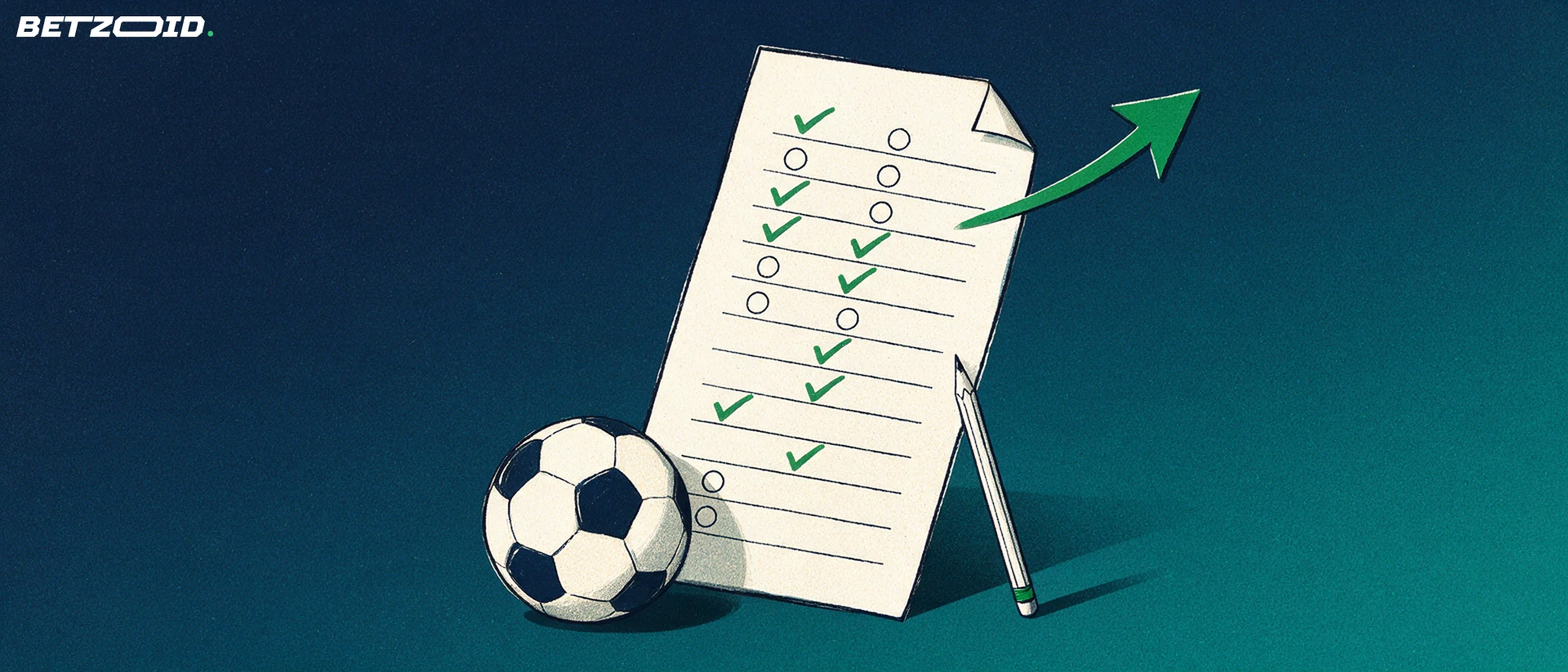 Illustration eines großen Wettscheins mit grünen Häkchen, daneben ein Fußball und ein Stift auf dunkelblauem Hintergrund.