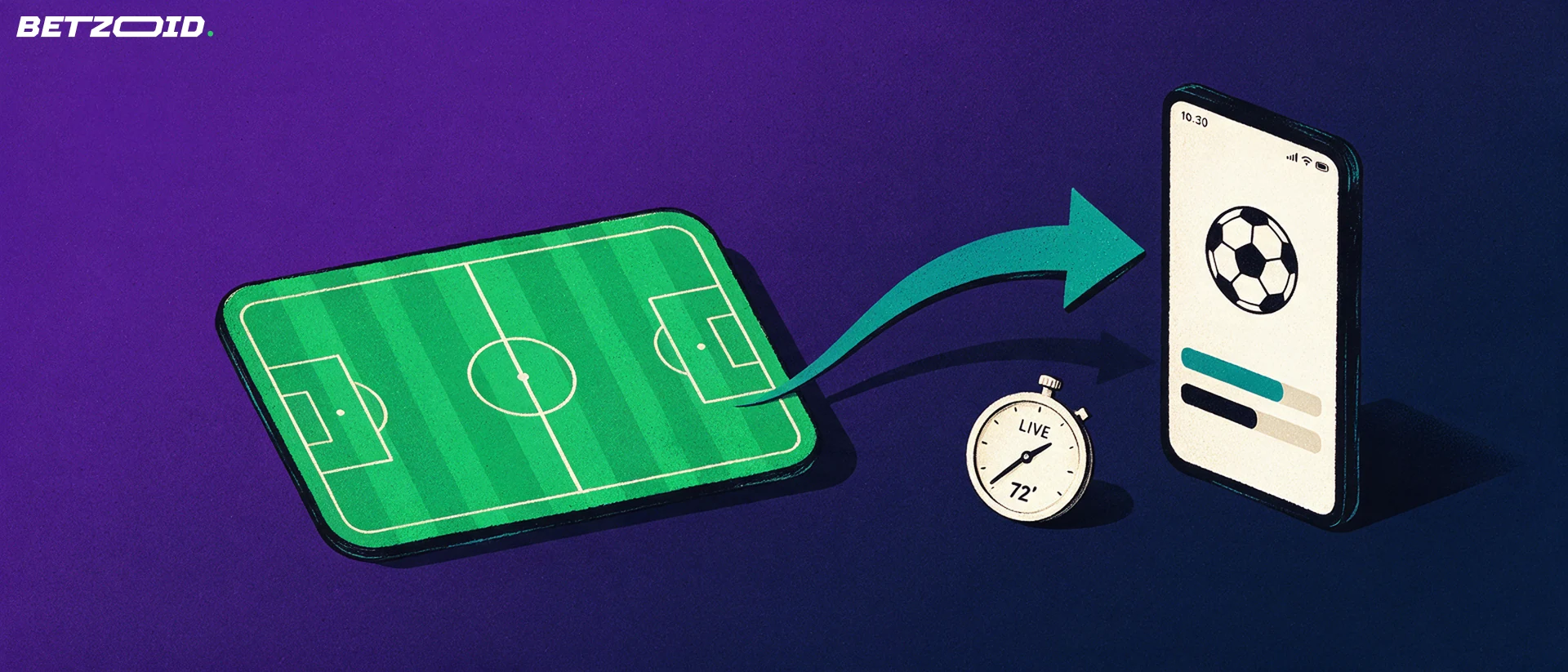 Illustration eines stilisierten Fußballfeldes aus der Vogelperspektive, von dem ein Pfeil zu einem Smartphone mit Fußball-Symbol führt, daneben eine Stoppuhr.