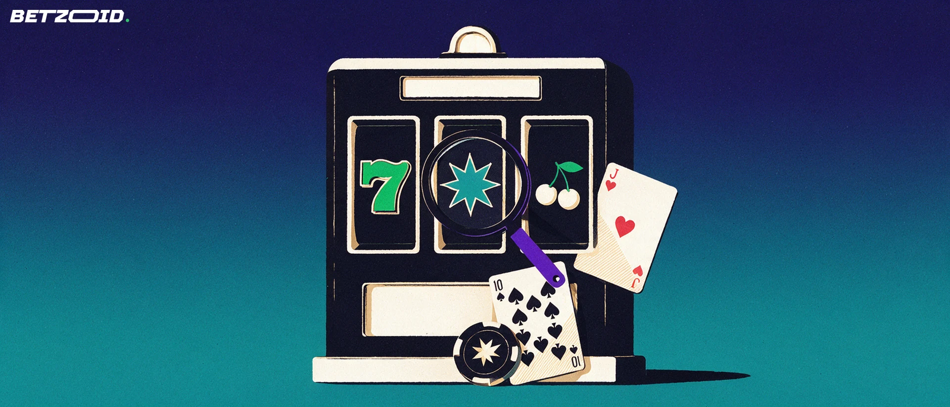 Illustration eines Spielautomaten mit drei Walzen und einfachen Spielsymbolen, darüber eine große Lupe, daneben Spielkarten und ein Chip.