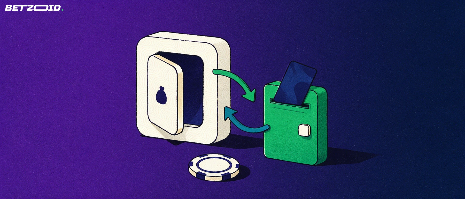 Illustration einer geöffneten Geldkassette neben einem Kassenterminal mit eingeschobener Karte, zwei gebogene Pfeile zeigen Ein- und Auszahlung, davor ein Spielchip.