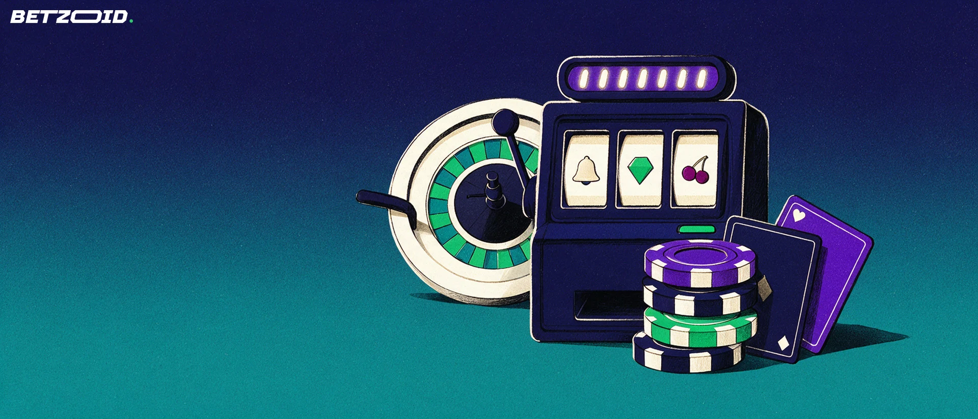 Illustration eines vereinfachten Spielautomaten mit Symbolen, dahinter ein Rouletterad, davor Jetons und zwei verdeckte Spielkarten.