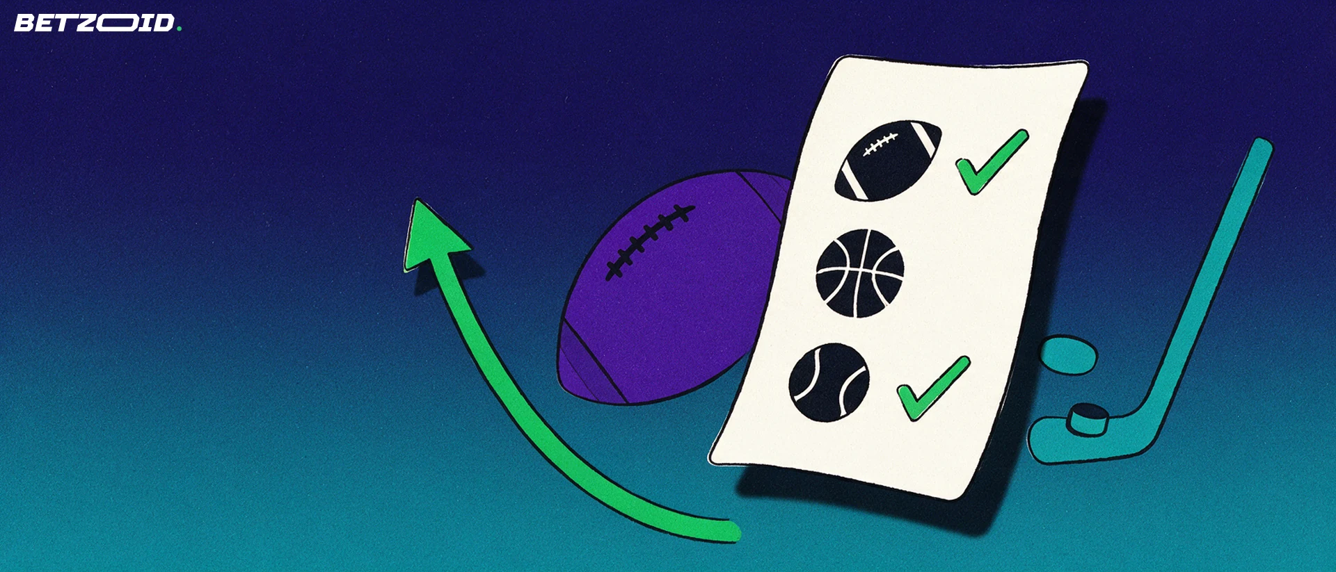 Illustration eines großen Wettscheins mit ausgestanzten Sportsymbolen für Fußball, Basketball und Tennis sowie einem grünen Pfeil.