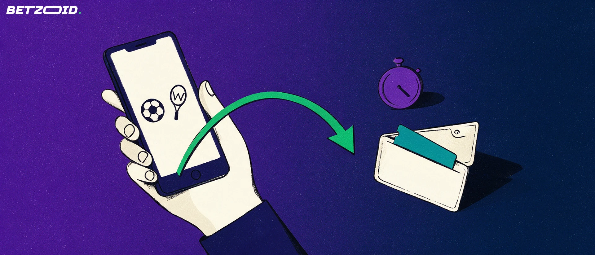 Illustration einer Hand mit Smartphone, auf dem Sportsymbole zu sehen sind, und einem grünen Pfeil, der zu einer geöffneten Geldbörse mit Zahlungskarte führt.