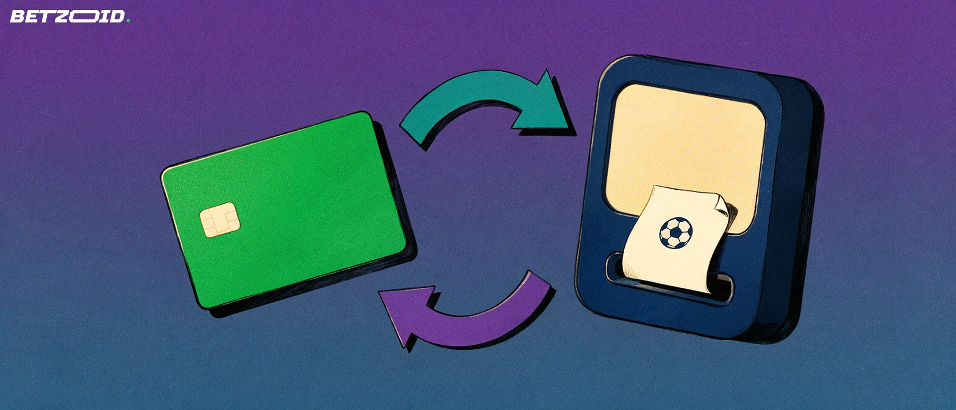 Illustration einer grünen Bankkarte und eines Automatenschlitzes mit Wettticket, verbunden durch zwei gebogene Pfeile.