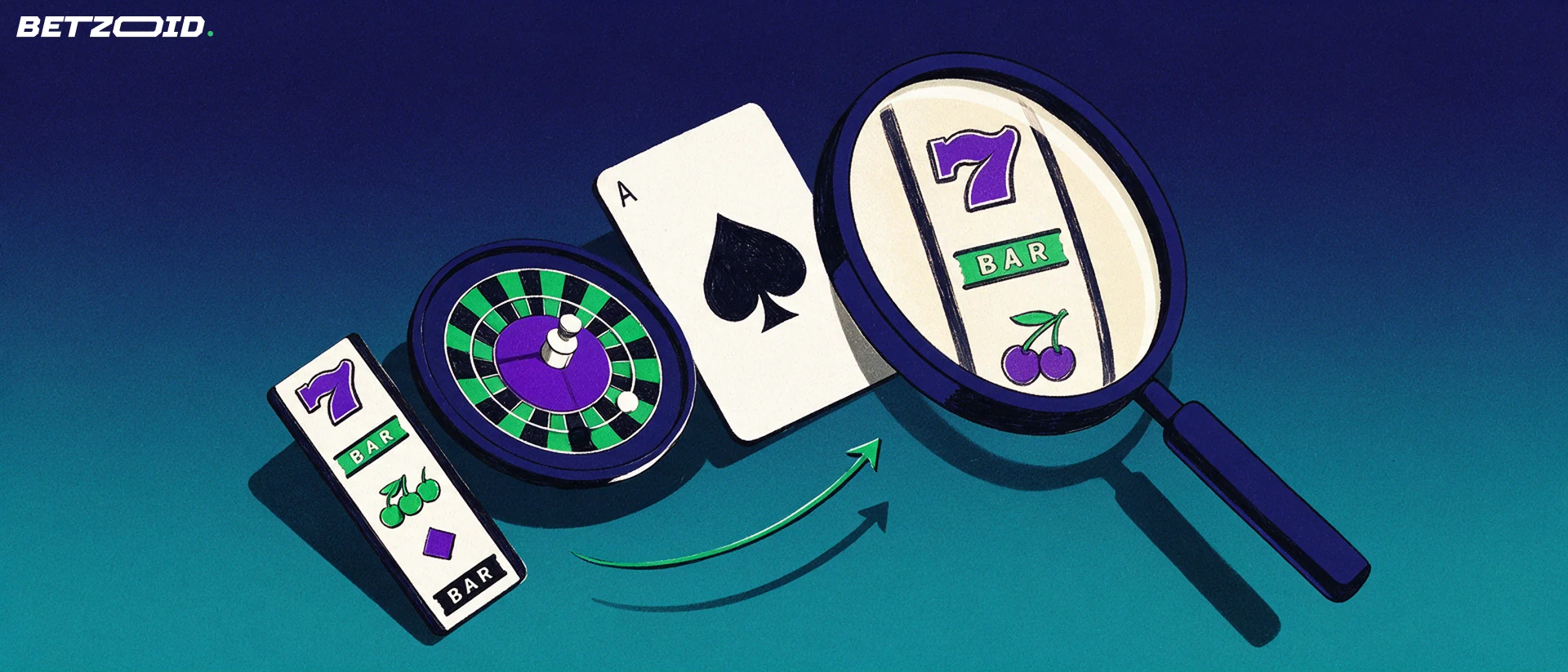 Illustration einer großen Lupe, die über aufgefächerten Spielsymbolen wie Walzenstreifen, Roulettekessel und Spielkarte schwebt.