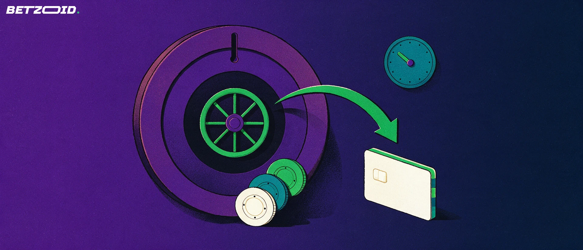 Illustration einer Tresortür mit Spielchips, von der ein grüner Pfeil zu einer schlichten Bankkarte führt, daneben eine kleine Uhr.