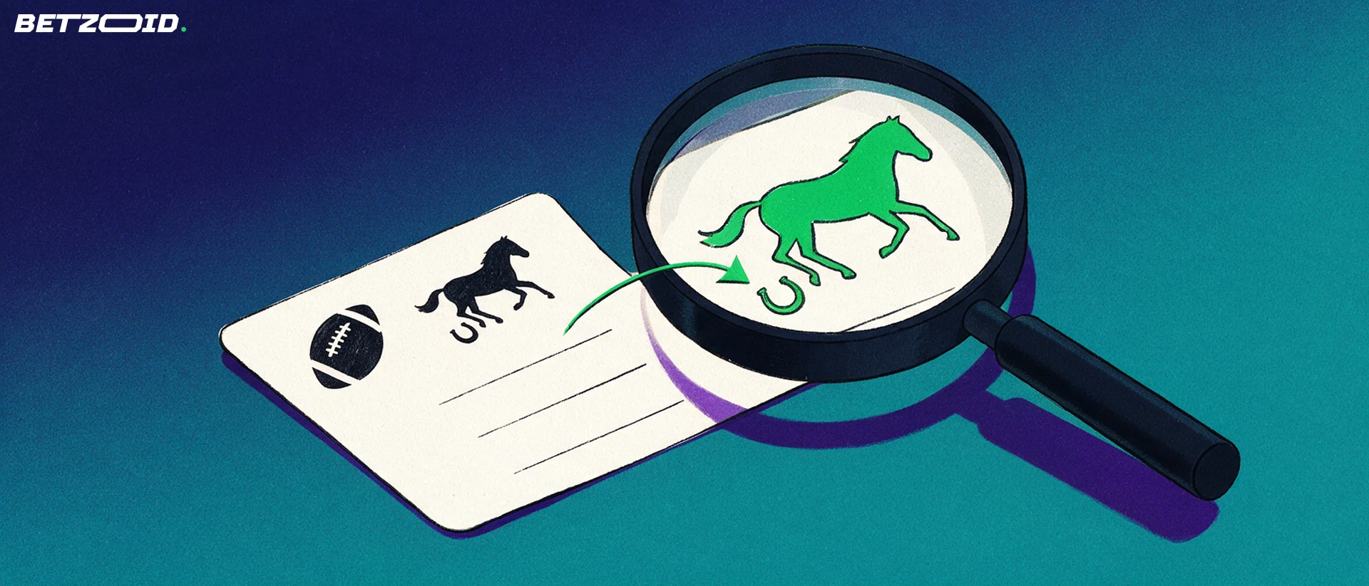 Ilustração de uma grande lupa examinando um bilhete de apostas com ícones de futebol e de cavalo de corrida.