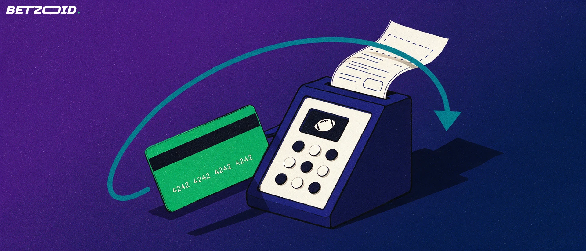Ilustração de um cartão sem marca entrando em um terminal de pagamento que emite um bilhete de aposta, com uma seta em círculo indicando depósito e retirada.