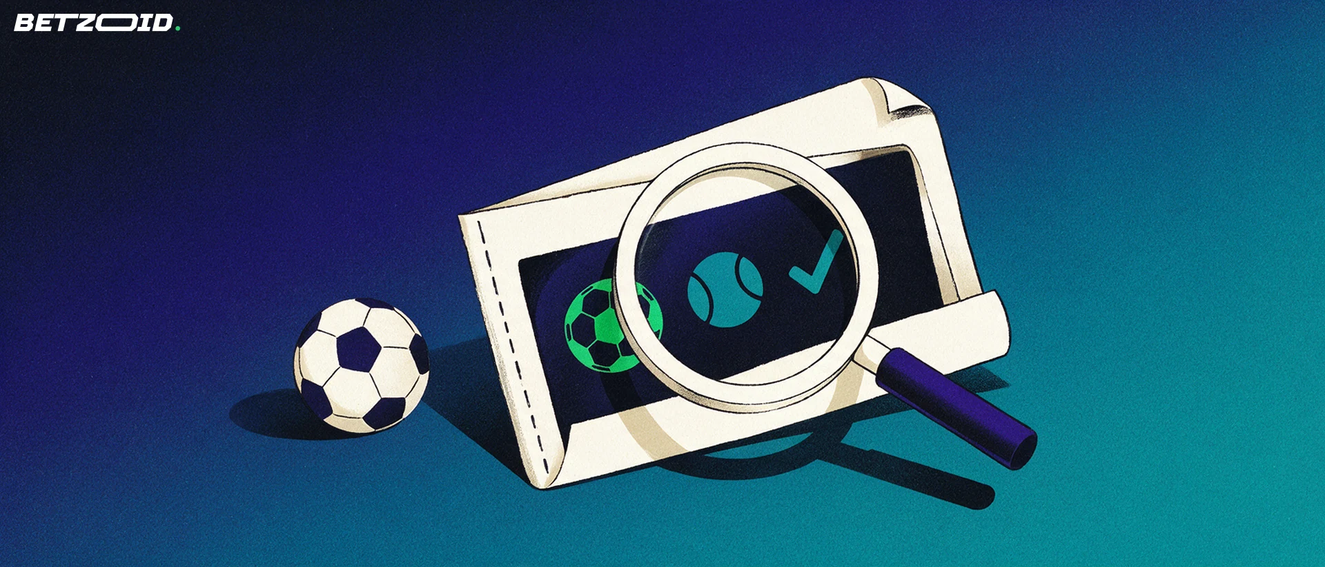 Illustration of a large magnifying glass examining a paper betting slip with football and tennis symbols beside a football.