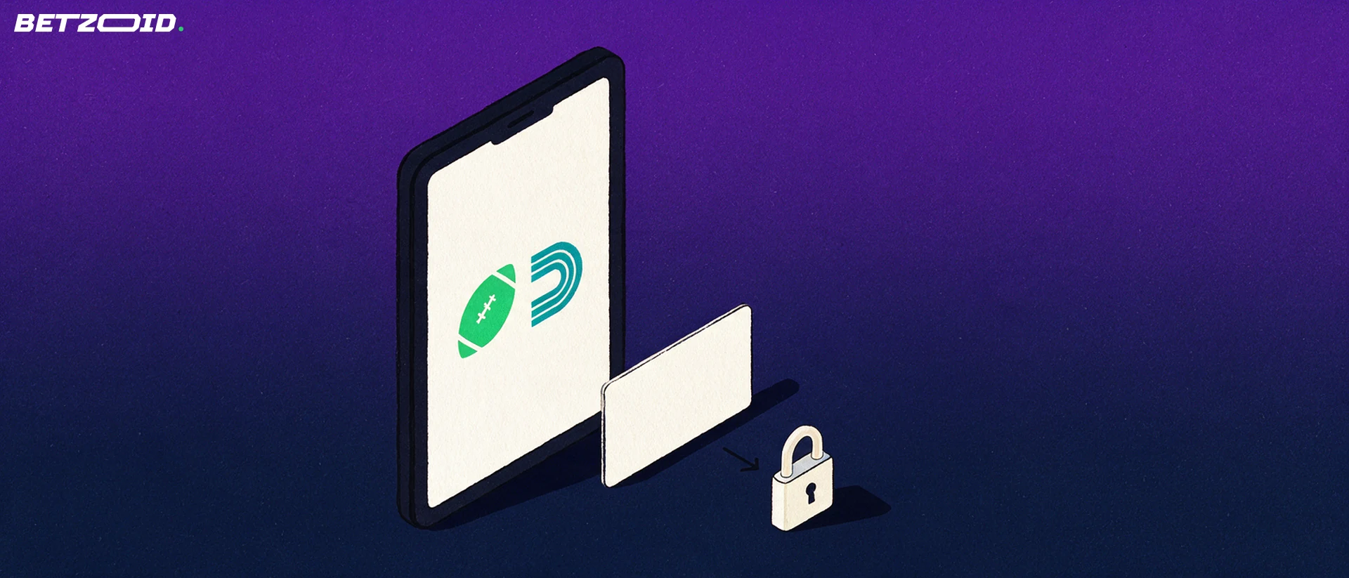 Illustration of a handheld screen showing simple sport symbols with a plain payment card and a padlock connected by an arrow.