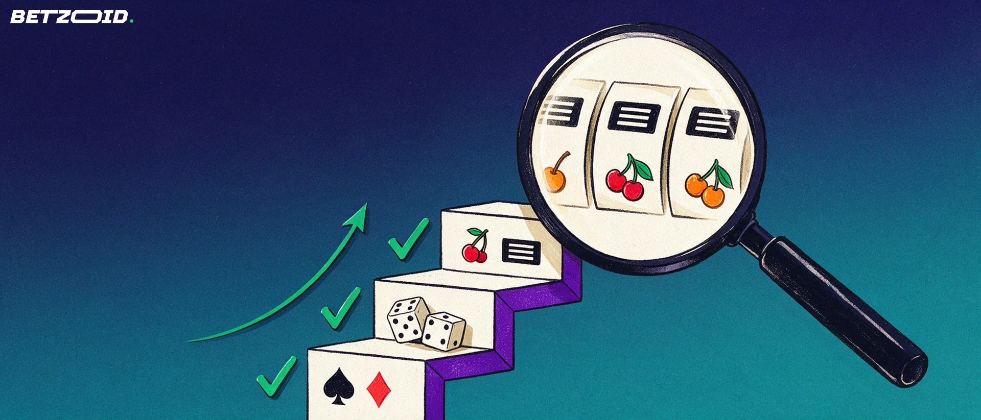 Ilustração de uma lupa inclinada examinando três blocos empilhados com símbolos de cassino: rolo de caça-níqueis, dados e naipes de cartas, cada um com um sinal de confirmação verde.