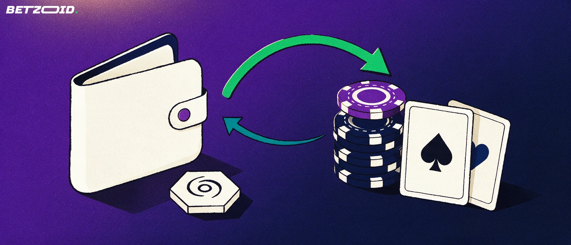 Ilustração de uma carteira aberta ligada por setas curvas a uma pilha de fichas de cassino e duas cartas de baralho, com uma ficha hexagonal simples ao lado.