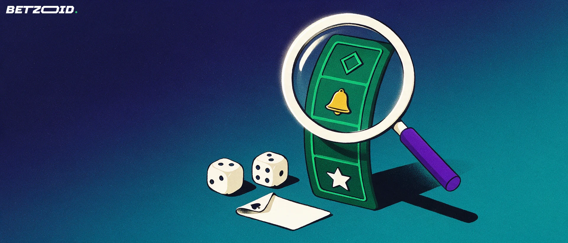 Ilustração de uma lupa ampliando símbolos de rolo de caça-níqueis, com dados e uma carta ao lado.