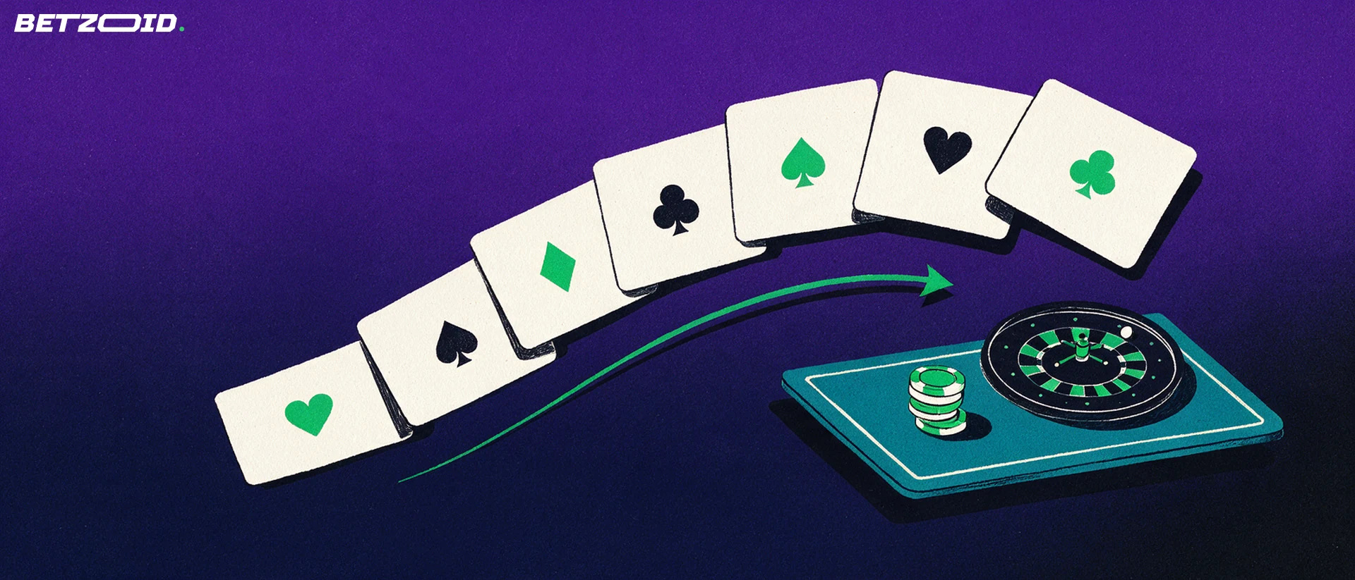 Ilustração de um arco de cartas sendo embaralhadas sobre uma mesa de cassino com fichas e uma roleta simplificada.