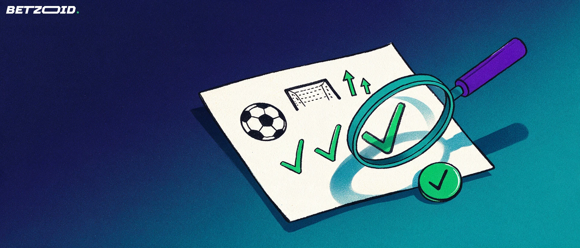 Ilustração de uma lupa grande examinando um bilhete de apostas com símbolos de futebol, setas e marcas de verificação.