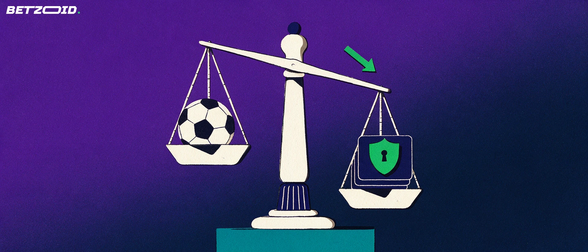 Ilustração de uma balança de dois pratos pesando uma bola de futebol contra um escudo verde com fechadura sobre cartões empilhados.