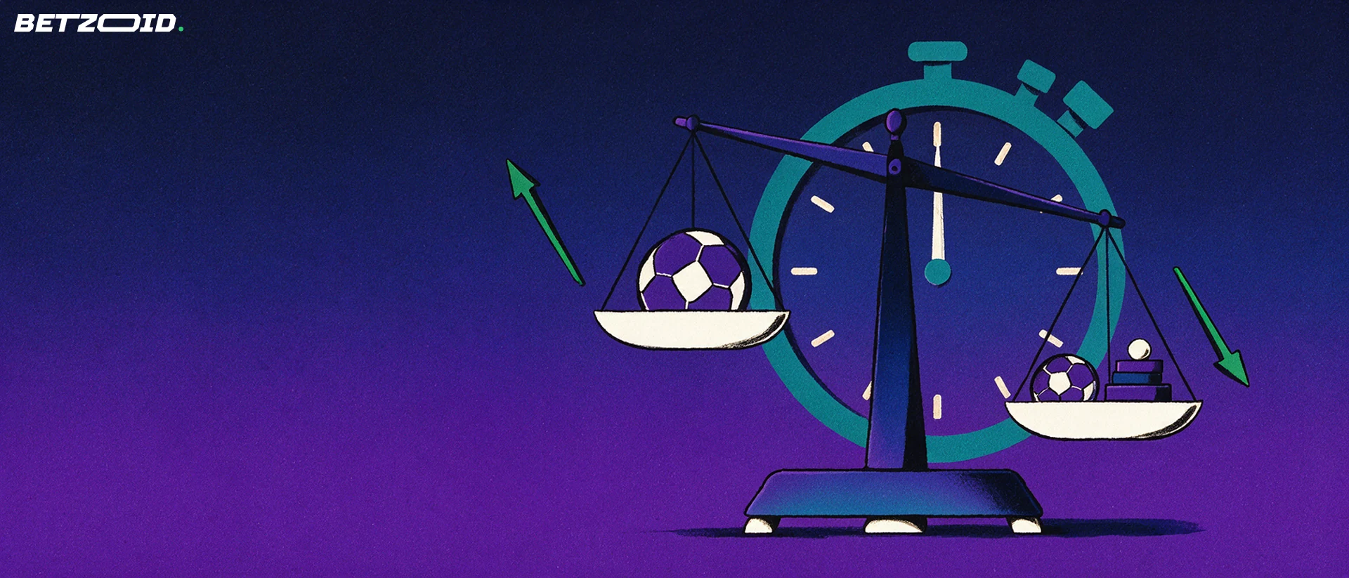 Ilustração de uma balança com bolas de futebol em pratos desequilibrados por um peso, ao lado de um cronômetro e setas verdes.