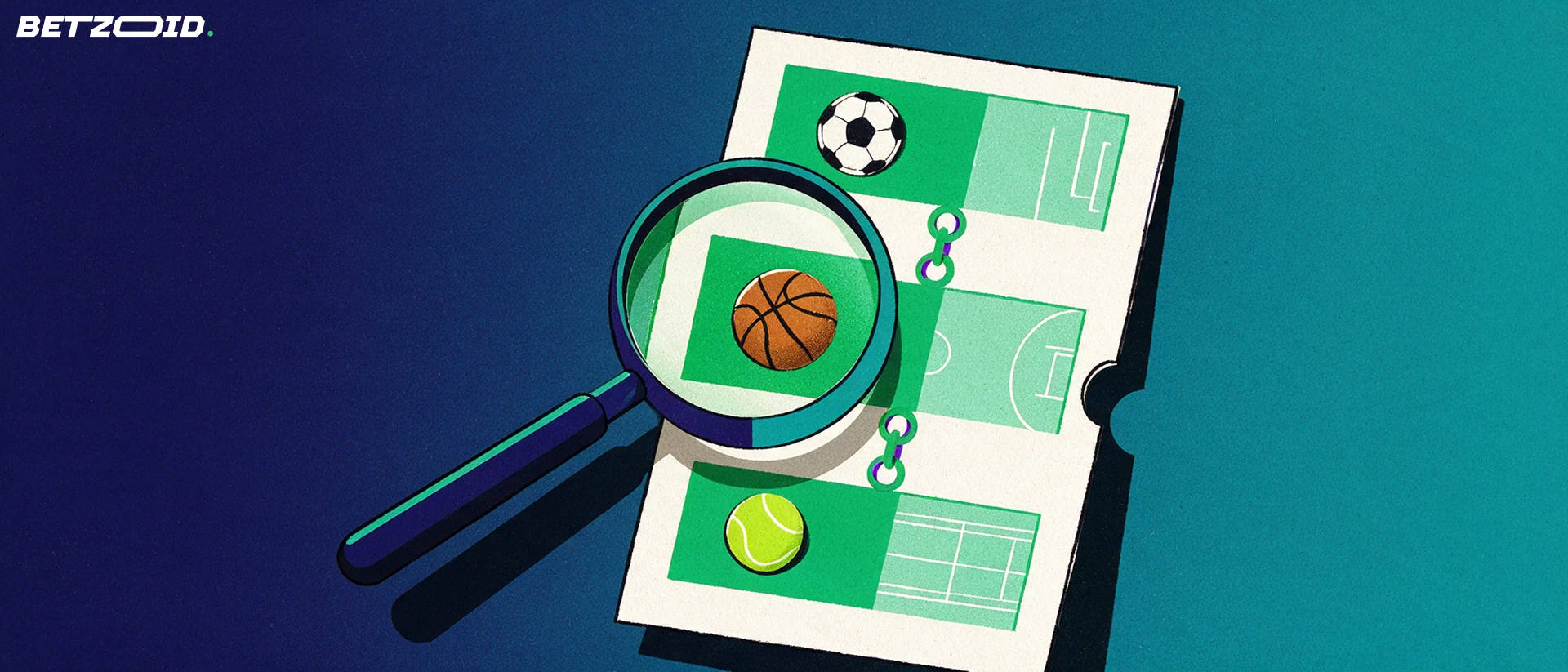 Ilustração de uma lupa grande examinando um boleto de apostas com ícones de futebol, basquete e tênis ligados por elos de corrente, sugerindo uma aposta múltipla.