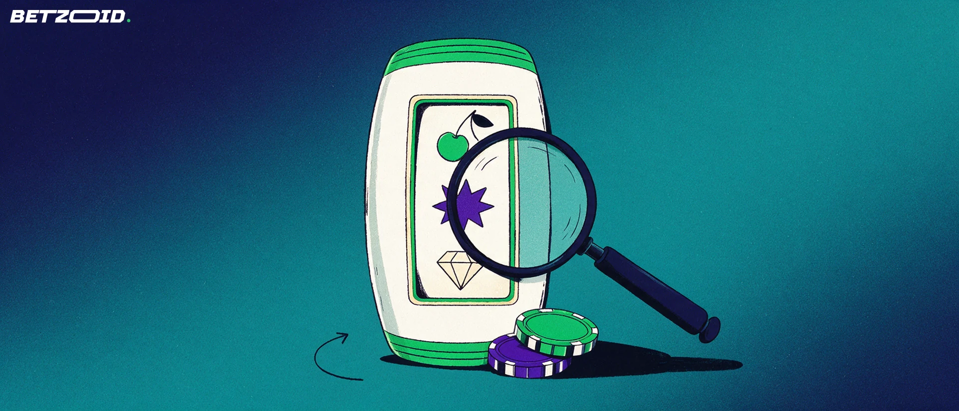 Ilustração de um cilindro de slot com símbolos simples examinado por uma grande lupa, ao lado de duas fichas de cassino empilhadas.