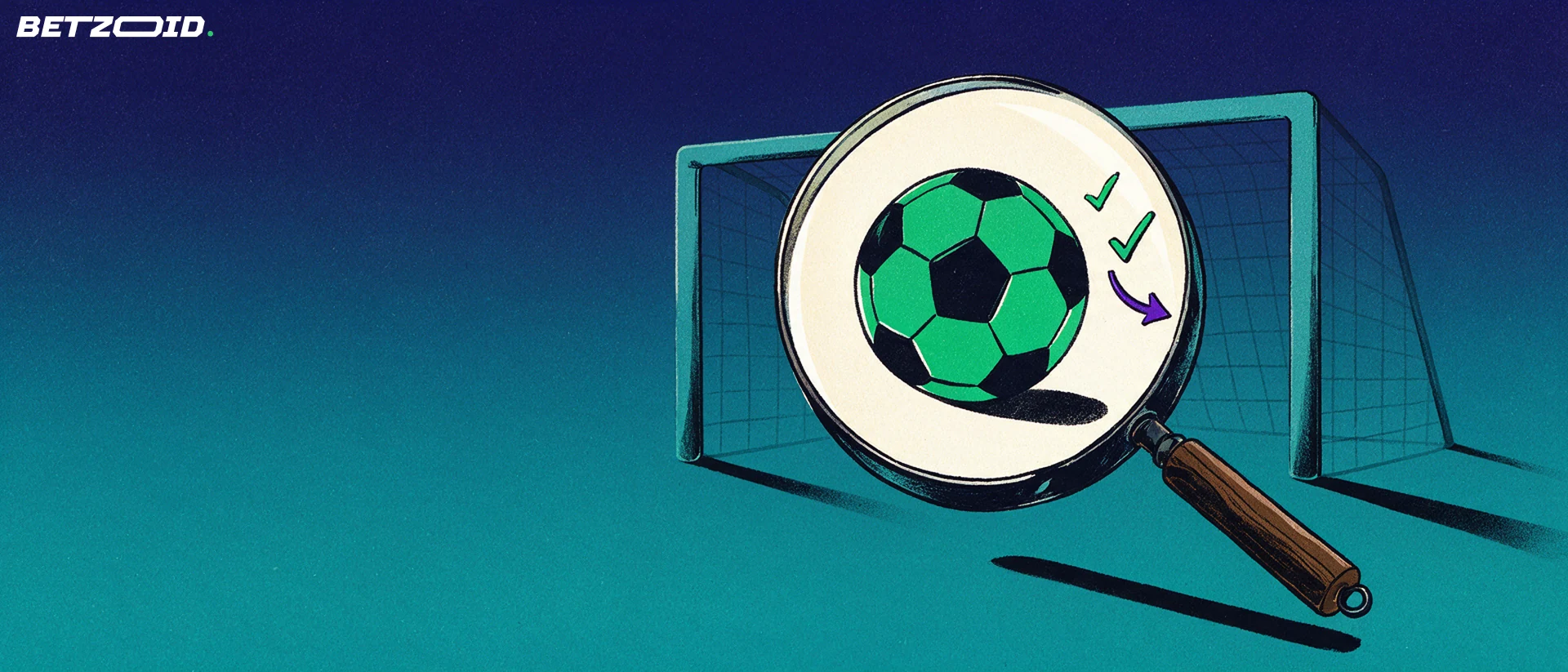 Ilustração de uma grande lupa ampliando uma bola de futebol diante de uma trave estilizada, com pequenos sinais de verificação