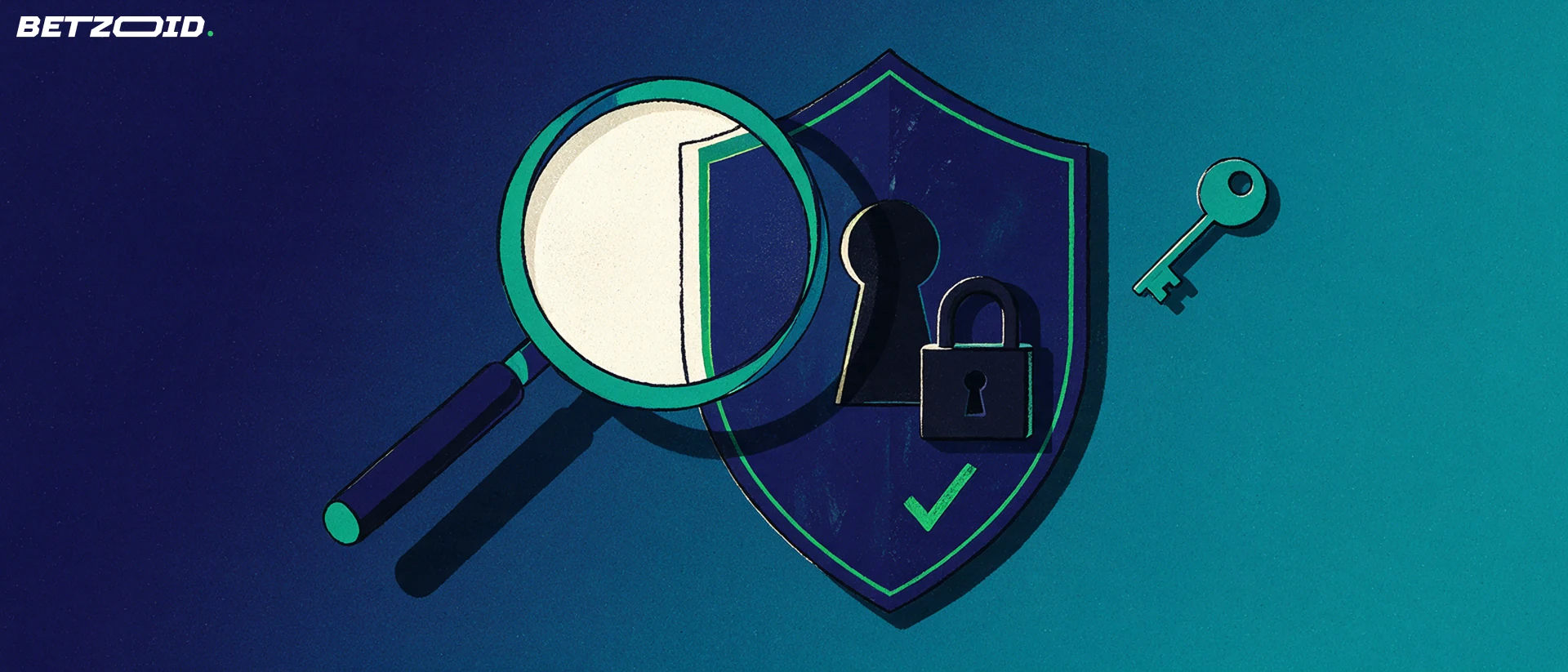 Ilustração de um grande escudo com fechadura e cadeado ao lado de uma lupa e uma chave, simbolizando a verificação de segurança de um site de apostas.