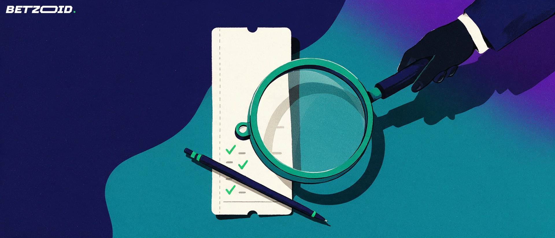 Ilustração de uma grande lupa examinando um bilhete de apostas em branco com marcas de verificação verdes e uma caneta ao lado.