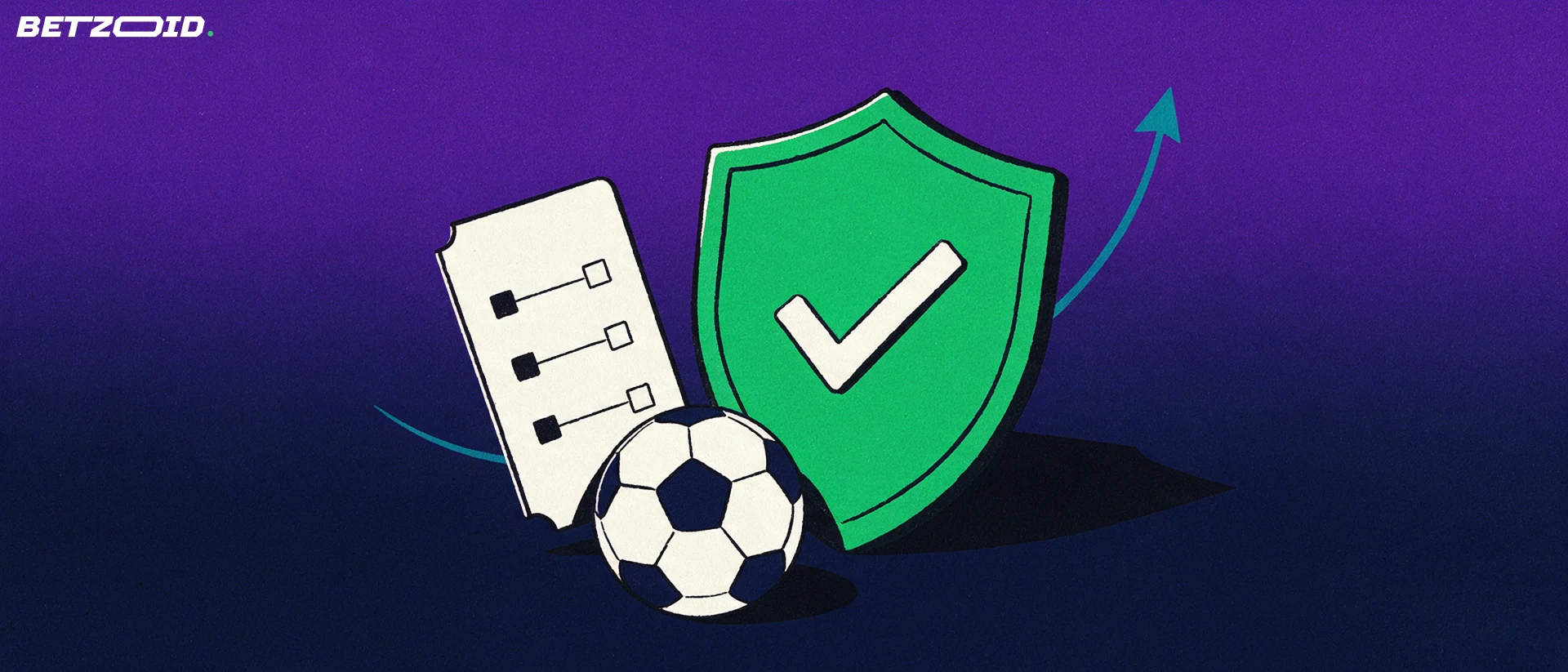 Ilustração de um escudo verde com símbolo de confirmação ao lado de um cupom de apostas em branco e uma bola de futebol, com uma seta ascendente ao fundo.