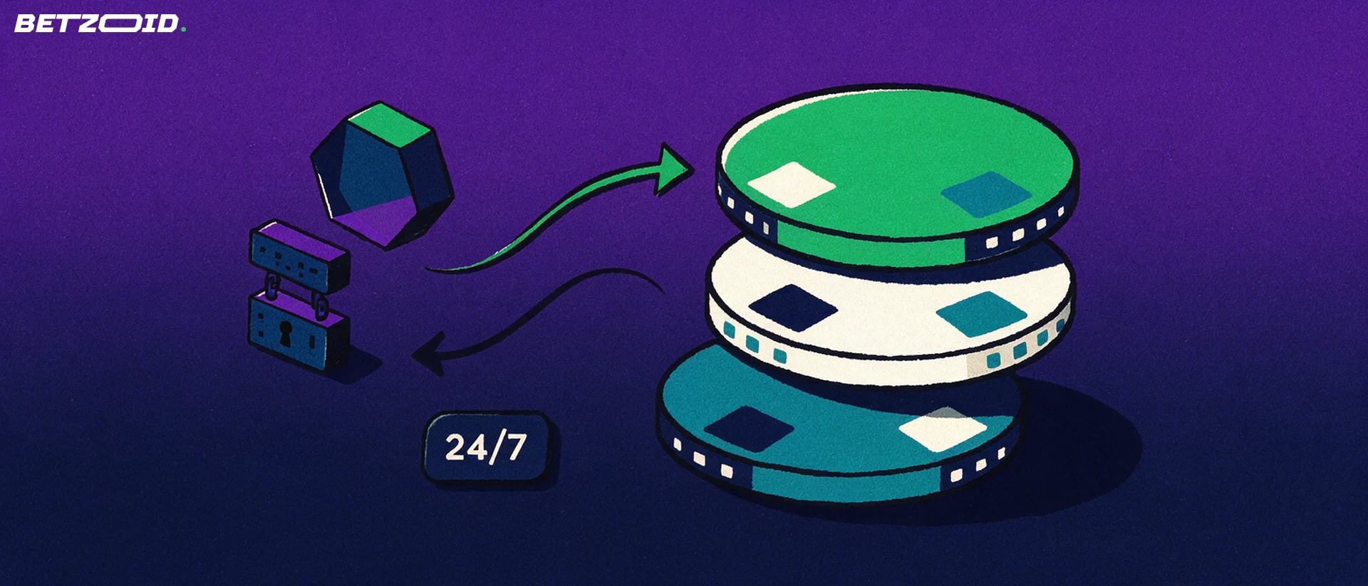 Illustration of a blank hexagonal crypto coin linked to blockchain blocks moving along arrows to and from a stack of casino chips.