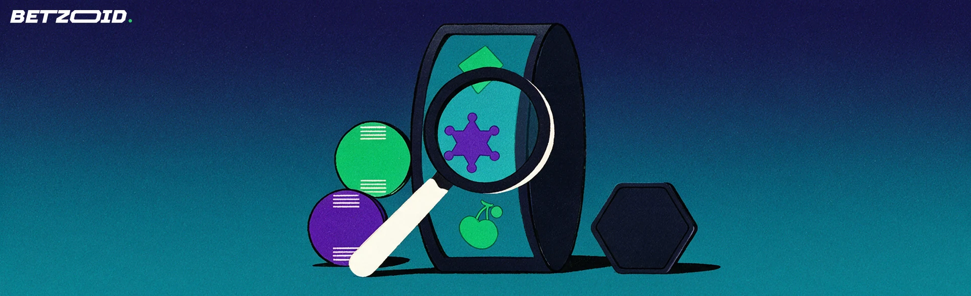 Illustration of a magnifying glass inspecting a slot machine reel with casino chips and a blank crypto token.