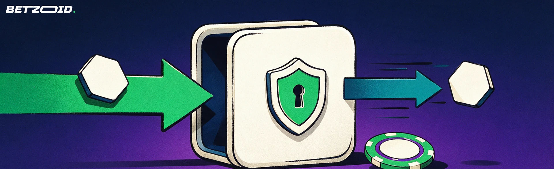 Illustration of a vault-style digital wallet with blank crypto tokens moving in and out along arrows beside a casino chip.