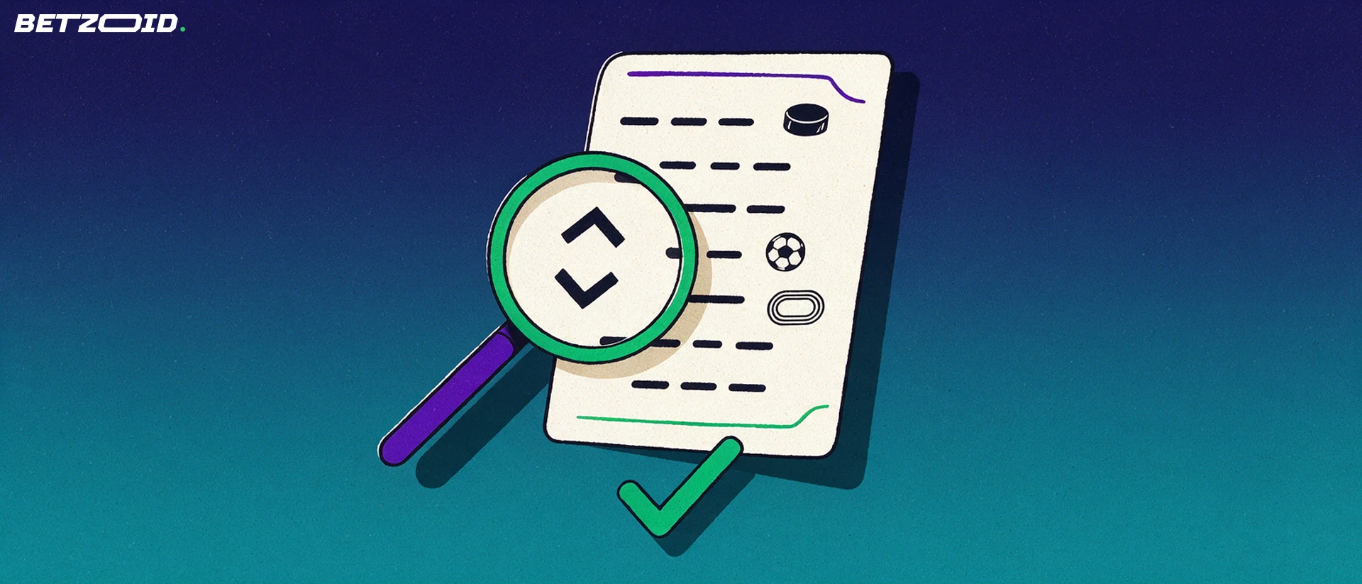 Illustration of a magnifying glass inspecting a paper betting slip marked with small sport symbols and up-and-down arrows.